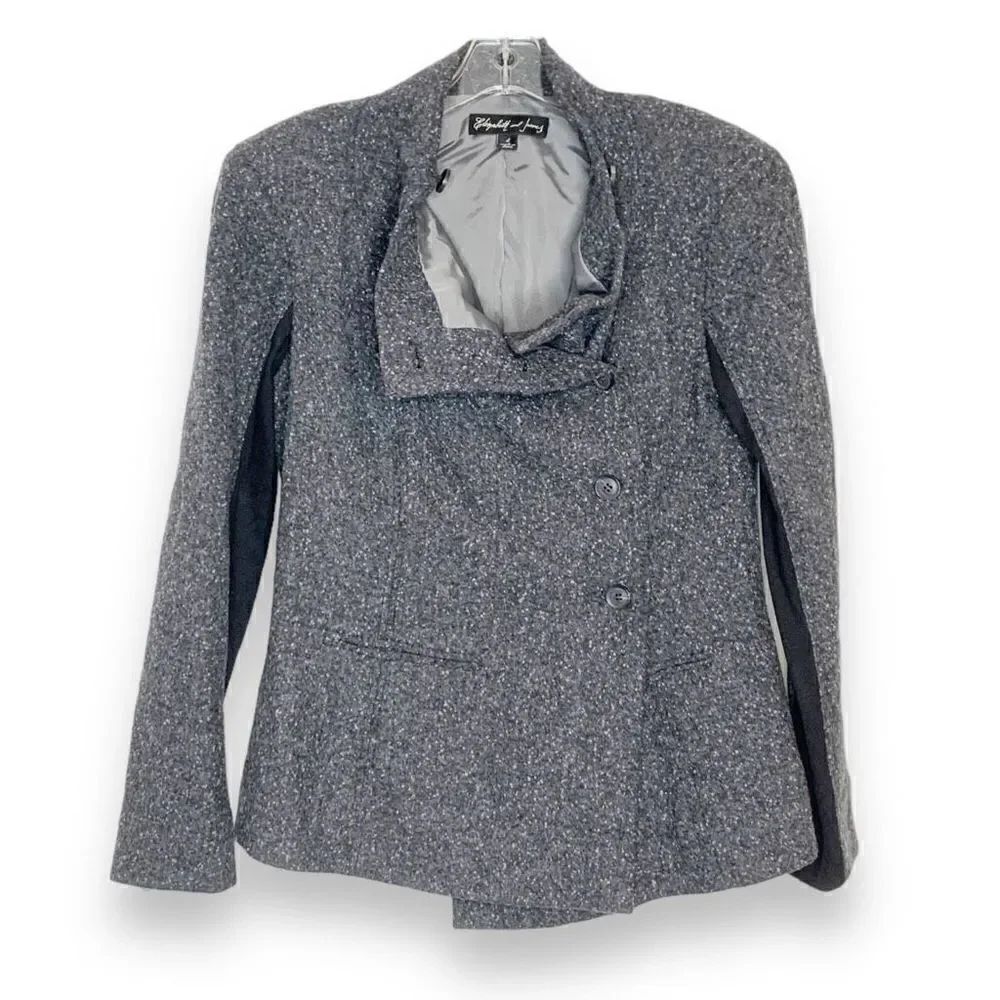 Elizabeth James Asymmetric Donegal Wool Blend Cowl Neck Blazer Coat Gray Black 4